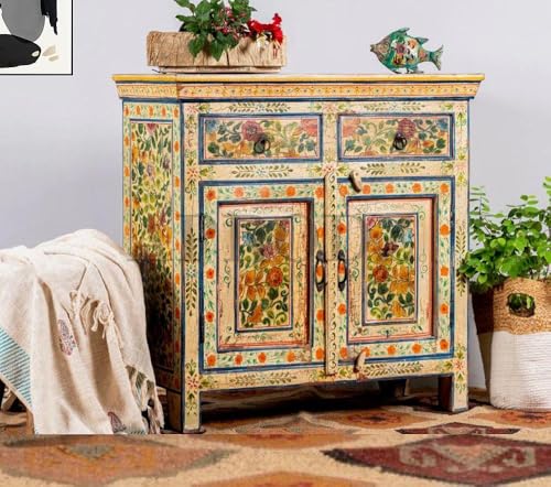 Image of APRODZ Hand-Painted Solid Wood Sideboard Cabinet with 2 Doors & 2 Drawers | Wooden Storage Cabinet for Bedroom Living Room & Kitchen | Crockery Cabinet, Kitchen Storage | Multicolor, 34x16x30 Inches