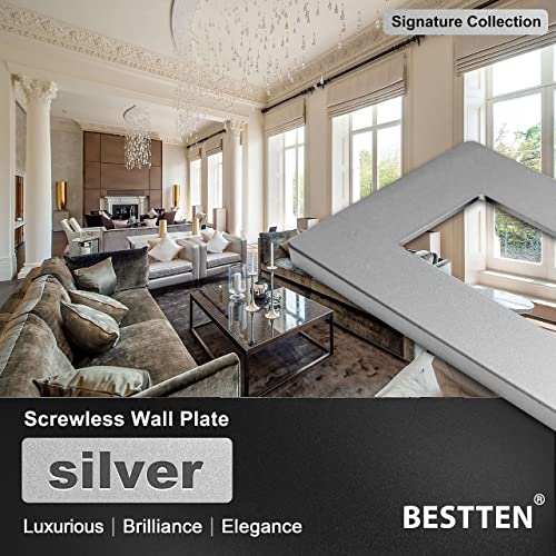 [10 Pack] Bestten Silver Single Pole Light Switch With Screwless Wallplate, Decorator Wall Switch, On/Off Rocker Paddle Interrupter For Led And Other Lamps, Signature Collection, 15A 120V, Ul Certifi #TOP5