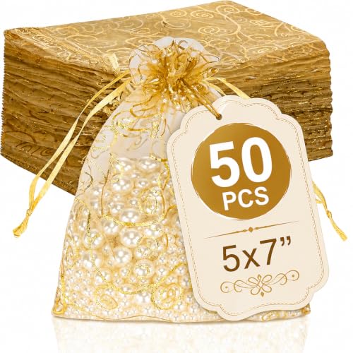 Image of XCLUSY 50PCS (13X18CM)(5x7 inchINCH) Potli Bags for Gifting - Multipurpose Wedding Return Gift Bags | Party Favour, Birthday, Anniversary, Festive Packing Pouches | Organza, Cloth, Brocade, Fancy Luxury Goodie Bags (GOLDEN, 1 Count(Pack of 50))