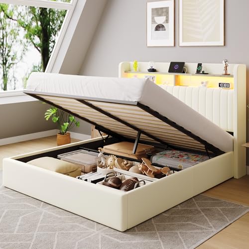 SHA CERLIN Queen Size LED Lift Up Storage Bed Frame Charging Station, Cream