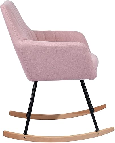 Miniatura 8 de Anwickmak Mecedora moderna de tela de lino balancín con reposabrazos y asiento acolchado grueso cómodo sillón lateral con base de madera maciza para
