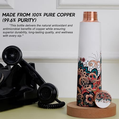 Image of 100% Pure Copper Floral Print Designer Water Bottle with Ayurvedic Benefits Rustproof & Leakproof Copper Bottle for Home School Gym Travel Bottle Drinkware & Storage Purpose 900 ml