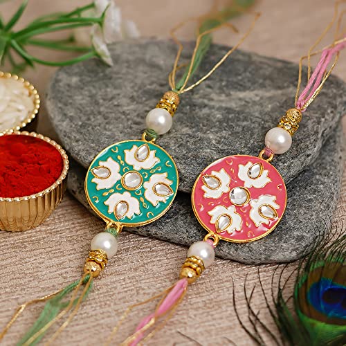 Image of eCraftIndia Set of 2 Blue & Peach Meenakari Designer Rakhis, Best Bro Ever Fridge Magnet with Roli Chawal Pack - Rakhis for Brothers