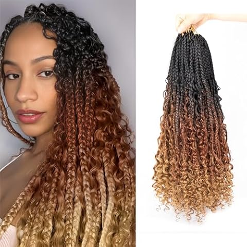 Goddess Box Braids Crochet Hair 8 Packs 18 Inch Bohemian Box Braids Crochet Hair With Curly Ends Boho Box Braid Crochet Hair Pre-looped Synthetic Braiding Hair Extensions for Black Women Cover