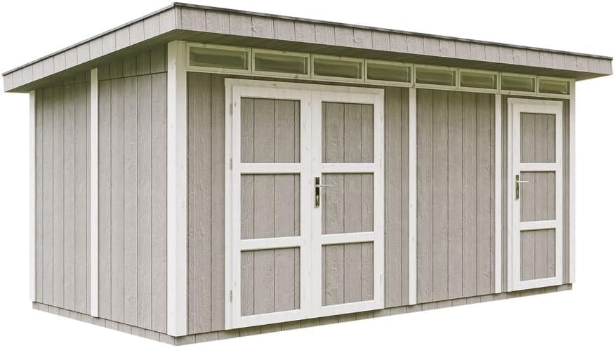 Domek ogrodowy w jakości premium 8,52 + 2,95 m² - dł. 530 x szer. 279 cm - z podłogą, dachówkami bitumicznymi, zestaw farb - konstrukcja paneli LP Smartside - szopa ogrodowa - M905C - TUNDRA GREY
