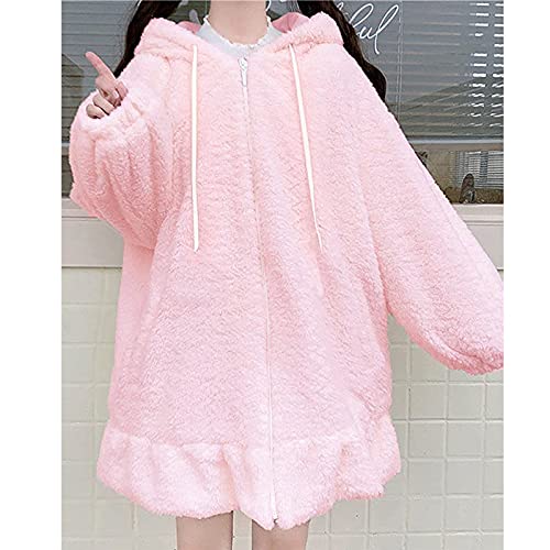 Cute Kawaii Bunny Hoodie Jacket Coats for Women Fashion Japanese Fuzzy Fluffy Rabbit Hooded Sweatshirt Outwear (Pink, S)3