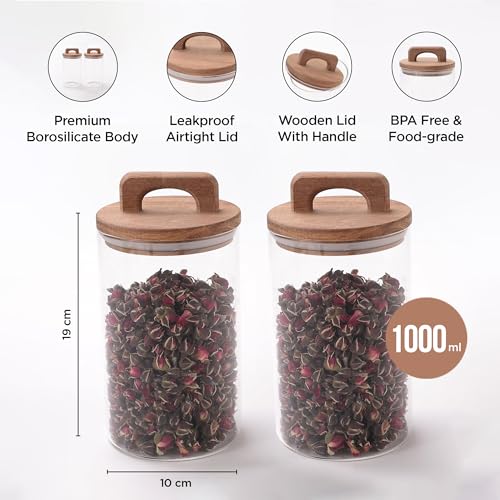 Image of UMAI 1000 ml Glass Jars with Wooden Lids | Set of 2 | Airtight, Moisture-Proof Kitchen Storage Containers | Transparent Jar with Handle | Organizer for Cookies, Snacks, Spices & Dry Fruits