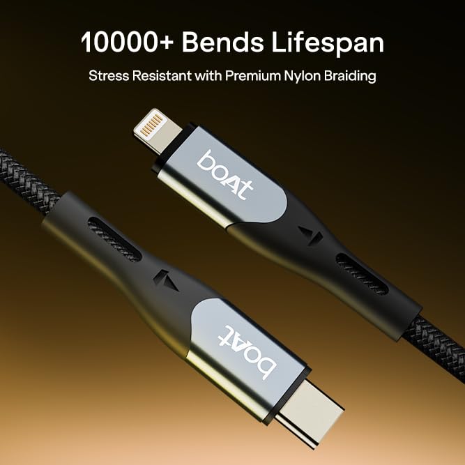 Image of boAt Type C to Lighting Cable for 27W Fast Charging | 480 Mbps Data Transfer | 1.2 m (3.9 ft) Perfect Cable Length | Premium Nylon Braiding | Durable & Tangle-Free | with Silicon Tie (Carbon Black)