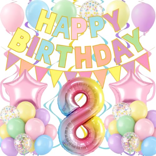 8th Birthday Decorations for Girls, Rainbow 8 Balloon Number 40 inch, Pastel Happy Birthday Banner, Colorful Flag, Hanging Swirl, Rainbow Balloons for Pastel Birthday Decorations