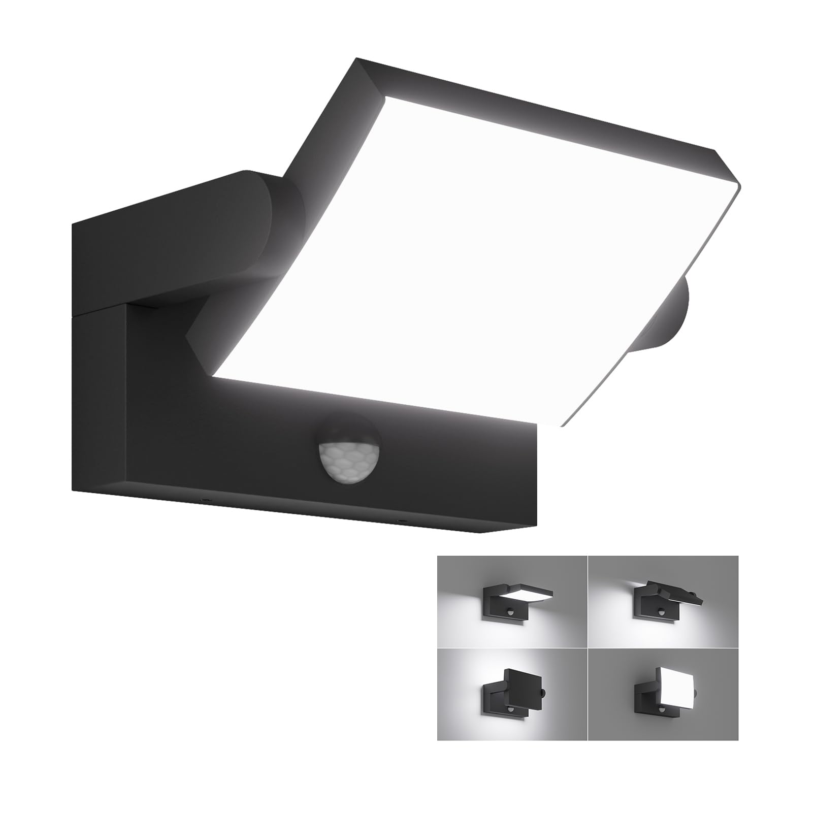 Klighten Lampa ścienna LED, 24 W, czujnik ruchu, IP65, lampa ścienna do wnętrz, na zewnątrz, panel obrotowy, lampa zewnętrzna do ogrodu, na taras, czarna, zimna biel 5700 – 6000 K | Wodoszczelność IP65, wychylny, materiał: aluminium, 1500 lumenów, do użyt