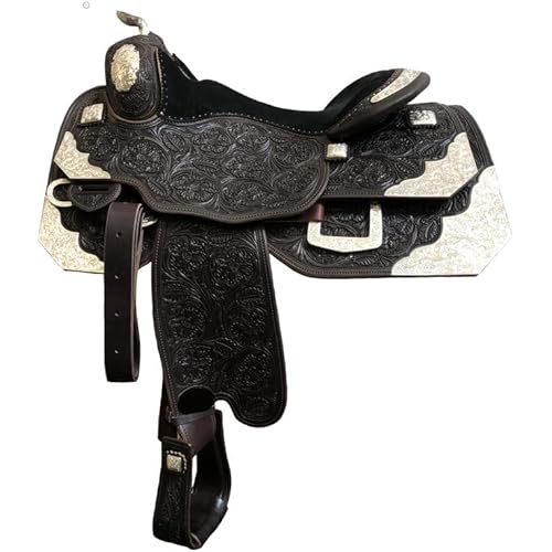 Western Show Saddle, Black Leather with Silver Accents, Tooled Floral Design
