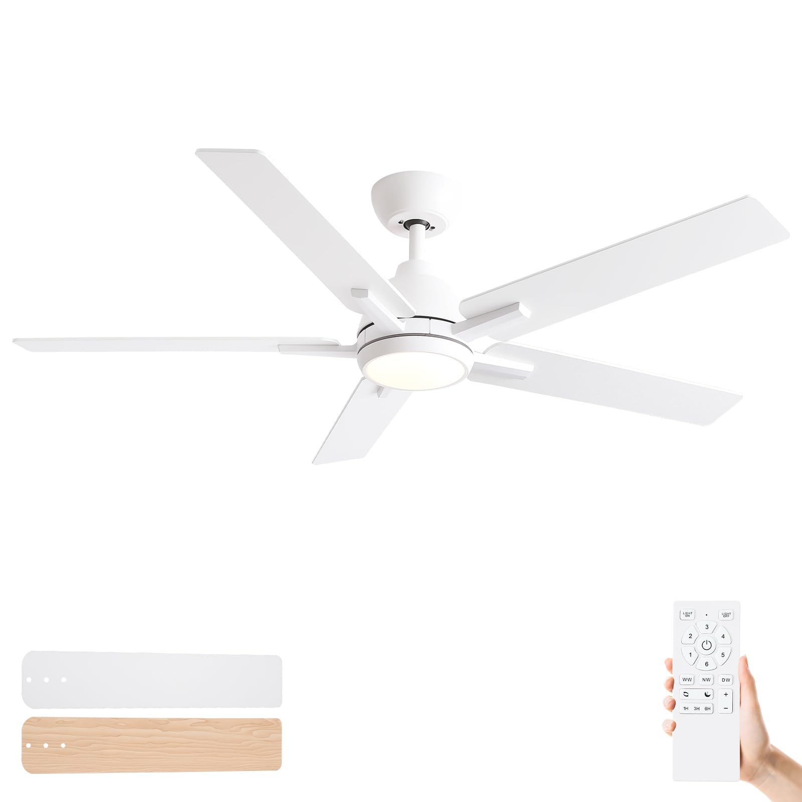 Sevenine 52 Inch Ceiling Fans with Lights and Remote, White Ceiling Fan with 5 Balde for Outdoor/Bedroom Living Room, Downrod, 6 Speed Reversible DC