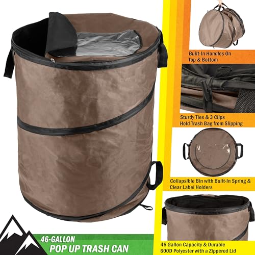 Image of Wakeman Outdoor Trash Can - 46-Gallon Collapsible Garbage Can with 3 Stakes - Pop Up Trash Can for Camping, Storage, or Yard Waste Outdoors (Beige)