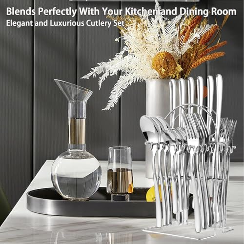 Image of 24 Pieces Flatware Set, Stainless Steel Cutlery Set with Silverware Holder, Modern Gold Silverware Set Includes Dinner Knives Forks Spoons,Hanging Silverware (Silver)