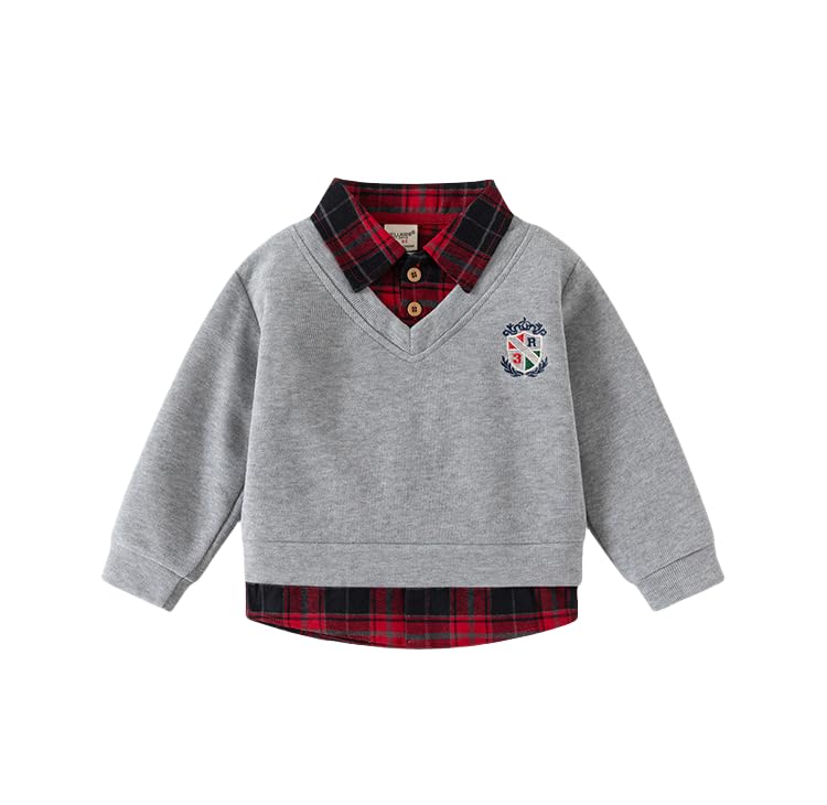 Kids Boy Toddler Autumn Long Sleeve V - Neck Sweatshirt Fake Two - Piece Plaid Collar Pullover