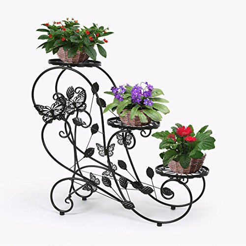 HLC-Noir Porte Pots Plante Fleurs 3 Etagere Support Jardin en Metal Fer