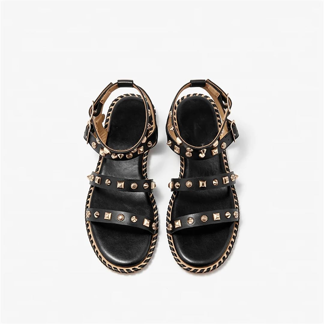 Sandalias básicas de piel de vaca con correa de tobillo y tacón plano para mujer, estilo informal, con hebilla, café, 38.5 EU