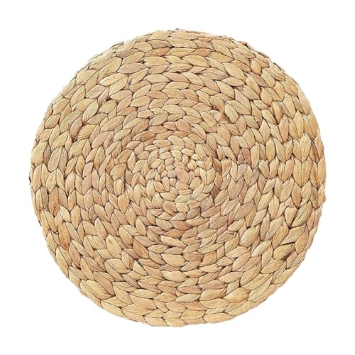 Boho Round Woven Placemats Natural Water Hyacinth Weave Placemat Round Braided Large Woven Placemats Rattan Tablemats For Dinner Decor Christmas Decorations Glass (A, One Size)