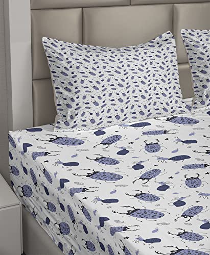 Ambesonne FLATSET_134724_FULL Insects Sheet Set, Beetles And Bugs Doodle Ants Of Leaves Nature Foliage Wildlife, Fitted And Flat Sheet With Pillowcases Bedding Accent 4 Piece Set thumb #1