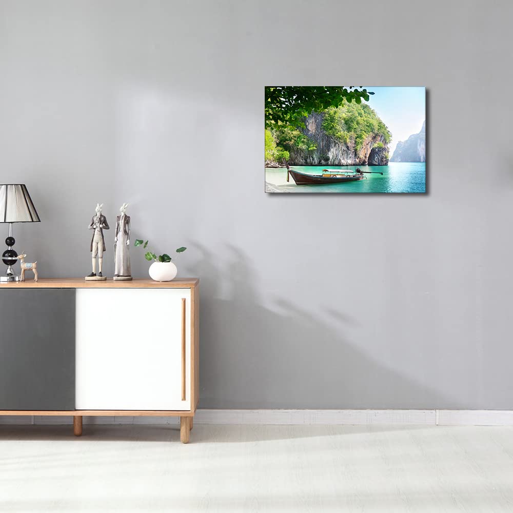 Canvas Wall Art for Interior Bathroom Wall Décor Long Boat on Island in Thailand Scenery for Living Room Bedroom Dining Room Decorations Framed Ready to Hang 12x18inch - Image 2