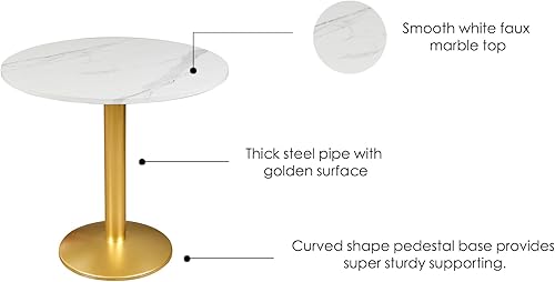Miniatura 5 de Mesa de comedor redonda moderna de 30 pulgadas, mesa de tulipanes bistró con parte superior de mármol sintético blanco, marco de metal resistente