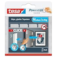 tesa Powerstrips CLICK - Klett-Klebepads zum An- und Abklicken von Bilderrahmen und Wanddekorationen ohne Bohren - selbstklebende Klettband-Strips mit ON und OFF Click-System - Medium - 4 x 2 Stück