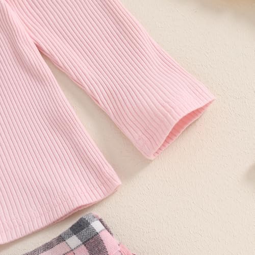 Image of BeQeuewll Fall Winter Toddler Baby Girl Clothes 2Pcs Long Sleeve Ribbed Knit Shirt Plaid Skirt 1T 2T 3T 4T 5T Girls Dress