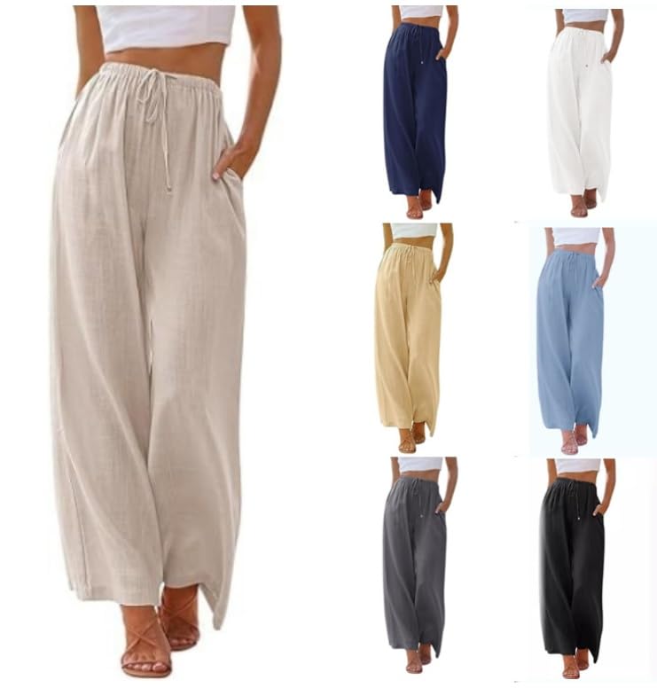Pasuda Womens Linen Trousers Elasticated High Waisted Pants for Women Casual Wide Leg Trouse, Breathable4