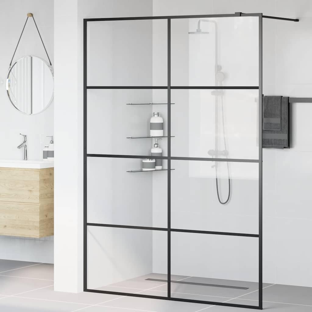 Mampara de ducha de cristal templado transparente de 140 x 195 cm, cristal de seguridad de 5 mm, perfil de aluminio negro, ajustable 1 cm, para ducha a pie, protección contra salpicaduras y