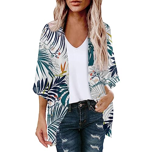 oelaio Womens Cardigan 2023 Casual Lightweight Open Front Cardigans 3/4 Sleeve Floral Print Puff Sleeve Kimonos Loose Blue