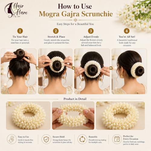 Image of Hair Flare Pack of 6 Scented Mogra Gajra Hair Accessories For Women & Girls - Hair Flower Bun Artificial Fake Gajra Scrunchies Rubber Band - Premium & Voluminous 2709