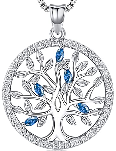 Aniu Collier Arbre de Vie pour Femme/Fille, Pendentif Pierre de Naissance Bleu Foncé en Argent Sterling 925, Bijoux en Zircone Cubique 5A (avec Boîte Cadeau)