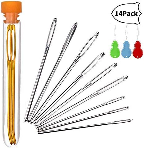 Bent Tapestry Needles and Large-Eyes Blunt Steel Darning Yarn Stitching Needles Sewing Needles, Bonus 3 Threaders,14 Packs