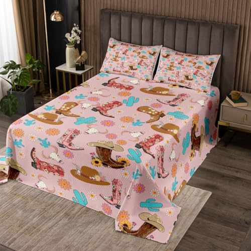 Manfei Cowgirl Bedspread Queen Size, Cowboy Boots Hats Bull Skull Coverlet Set 3pcs, Cute Flower Blue Cactus Quilted Coverlet with 2 Pillowcases, Kids Girls Room Decor, Soft Bedding Quilt