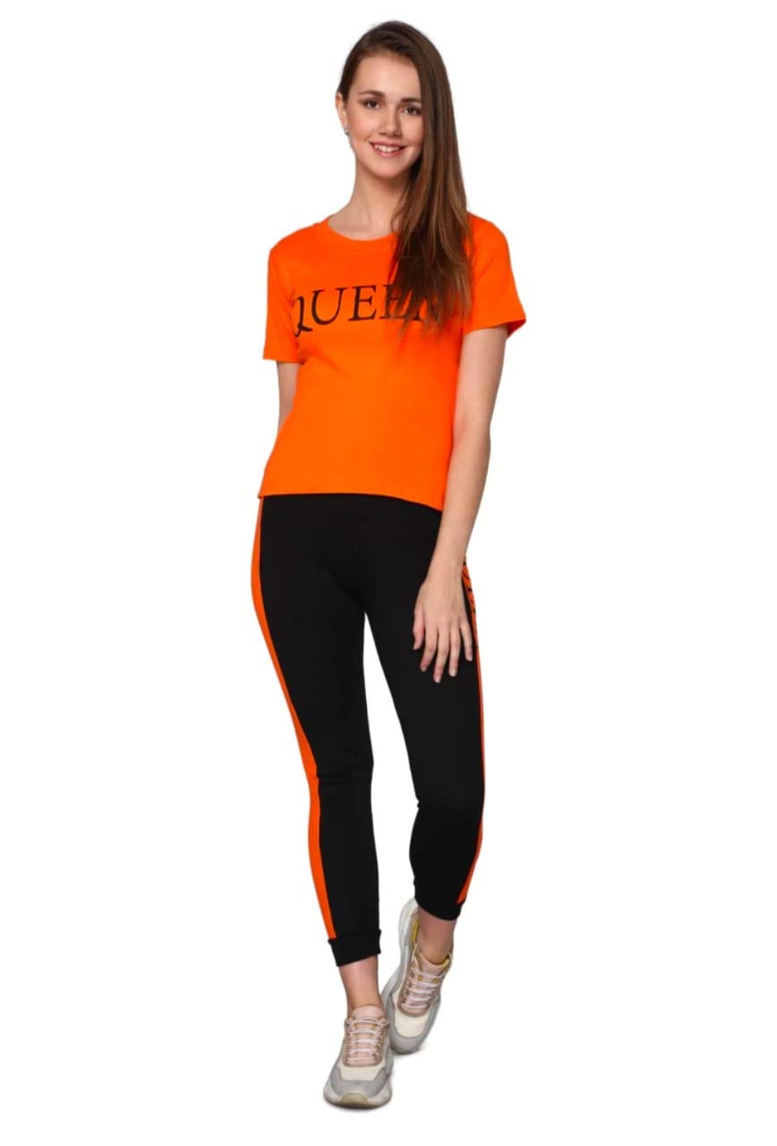 Durga Enterprises Queen Letter Print Colorblock Tee & Leggings Pants Tracksuit Set for Womens