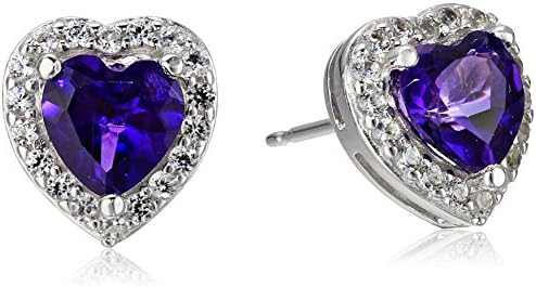 Sterling Silver Birthstone and Created White Sapphire Halo Heart Stud Earrings