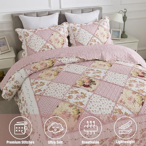 NEWLAKE Quilt Set Queen Size, Bedspread Sets Pink Botanical Floral, Reversible Quilt Bedding Set Lightweight and Breathable for All Seasons, Soft Quilted Bedspread with 2 Pillow Shams
