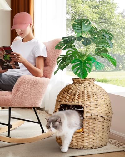 Image of SETVSON Cat Litter Box Plant Furniture Enclosure, Hidden Handwoven Rattan with Cat Litter Box and Artificial Plants, Odor Control Filter, Real Stones in Living Room, Bedroom, Corner Natural