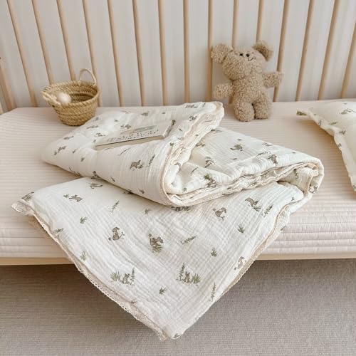 Image of BuLuTu Cartoon Bunny Gauze Toddler Quilt Kids Blankets for Girls Boys, Soft Breathable Cotton Muslin Kids Comforter Quilted Blanket with Cute Rabbit Pattern, 47 inchx59 inch, No Pillow
