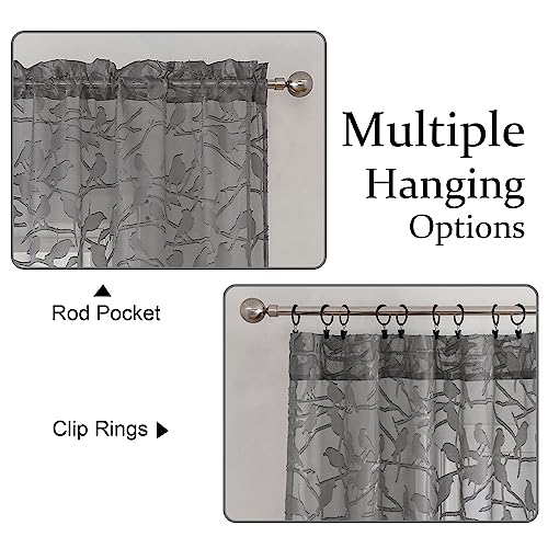 OVZME Anji 2 Panels Charcoal Grey Voile Birds Sheer Curtains 72 inch Length for Bedroom, Dual Rod Pocket Lightweight & Breathable Fabric Sheer Grey Curtain Window Treatment, Clip Jacquard, 38W x 72L