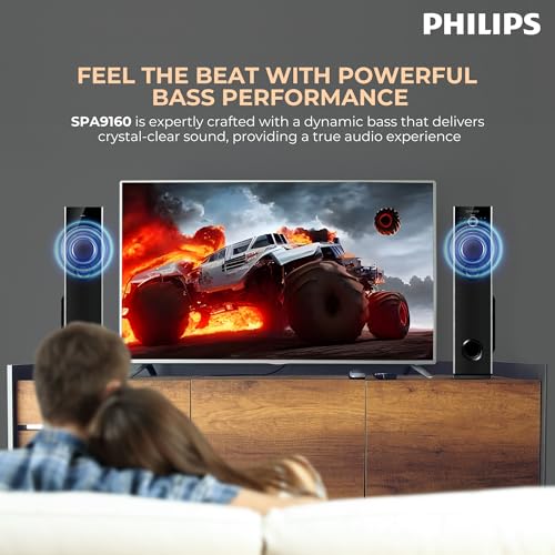Image of Philips Audio SPA9160 2.0CH 160W Multimedia Tower Speakers with Wireless Microphone,Multi-Connectivity Option with Supporting USB, AUX, FM,Mic & Thumping Bass with Karaoke(Black)