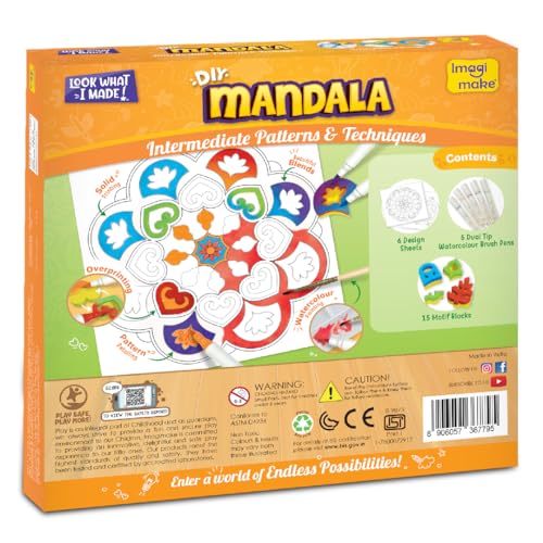 Image of Imagimake DIY Mandala Art Kit | DIY Return Gifts | Craft for Girls Age 8+ | Mandala art kit: 6 projects, 15 motif stamps, 5 dual-tip brush pens & palette; block print, blend & watercolor; girls 9-12
