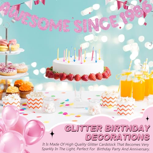 Image of Fulmoon Pre-strung Awesome Since 1986 Banner Glitter Happy 40th Birthday Banner Funny 40th Birthday Decorations 1986 Party Decorations for Men Women Anniversary(Pink)