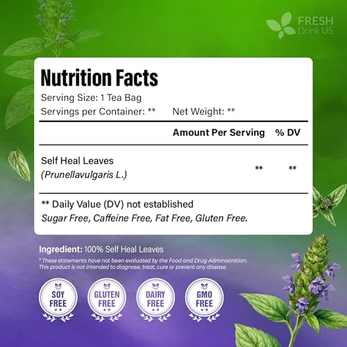 Image of FreshDrinkUS, Premium Self Heal Leaves Tea | 75 Tea Bags | Premium Dried Self Heal Herb for Herbal Tea - Naturally Caffeine-Free, Clean & Convenient Tea Bags. Sugar-Free. Vegan