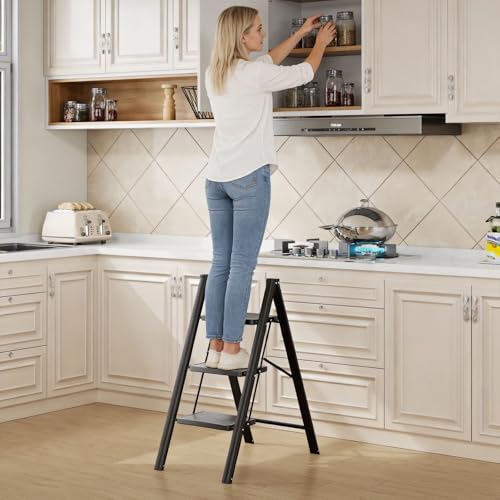 KINGRACK 3 Step Folding Ladder, Lightweight Portable Home Ladder with Non-Slip Wide Pedals and Safety Lock, Sturdy Step Ladder for Adults Painting, Home, Kitchen, Garage, Black by KINGRACK - Used condition - Image 8