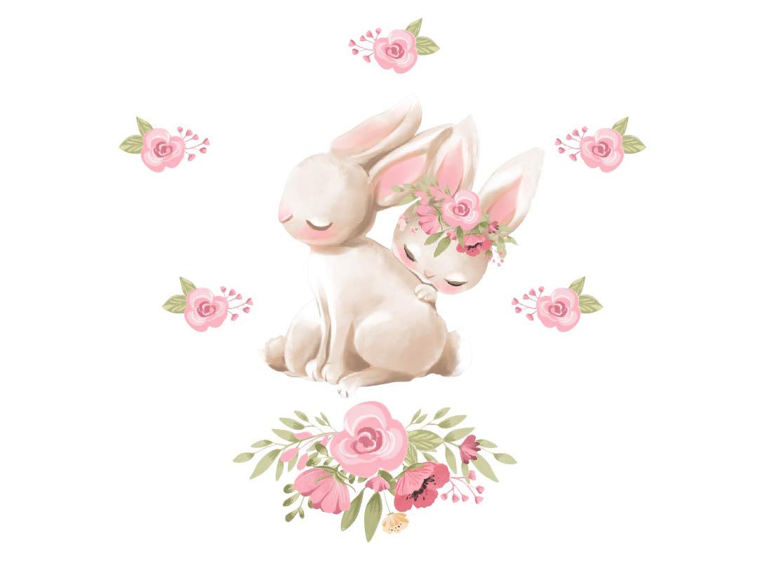 Adesivo da parete con simpatico coniglietto I fiori per bambini, per la cameretta dei bambini, con immagine di Osomhome (190 x 189 cm) os2436