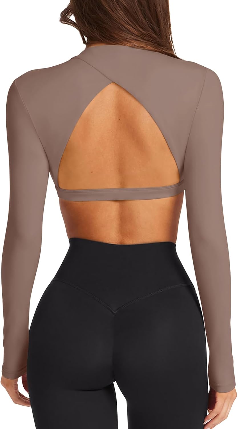 LASLULU Womens Long Sleeve Backless Workout Crop Top Slim Shirt | Open Back,High Neck Crewneck,Athletic Gym Yoga Pilates Tops,Fitted Tight,Dance Sport Top,Sexy Cute,Going Out Top