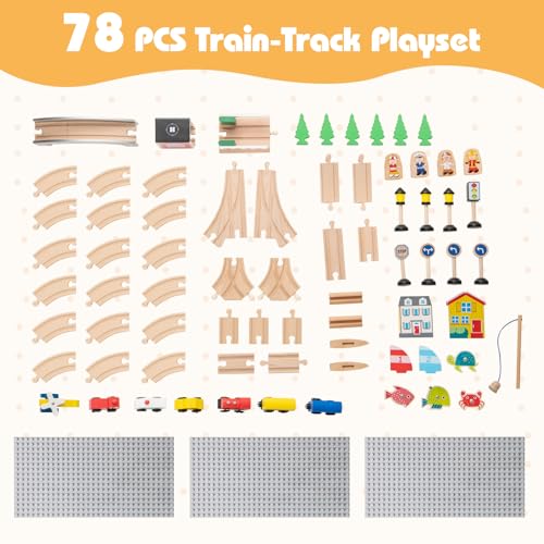 costzon train table 5 in 1 kids activity wooden set w 78 pieces railway playset reversible map top blackboard building bricks station amp large storage space toddler sensory table for 3 years
