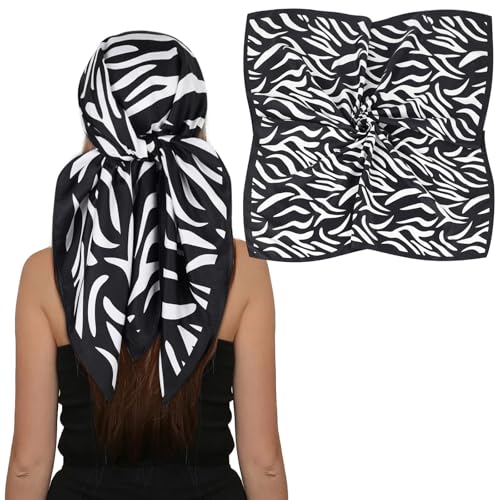 EXTREE Women's 35 inch Fashion Headscarf Silk Satin Scarf for Hair Wrapping at Night Bandana Square Scarf for Sleeping Zebra Black