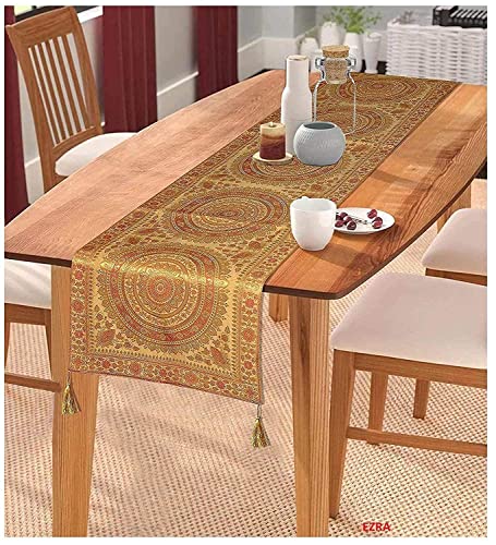 Image of Diwali Decor Brocade Jacquard Silk Table Runner Long Runner for Dinning & Centre Table Mandala Print 72 x 16 Inches (Gold)